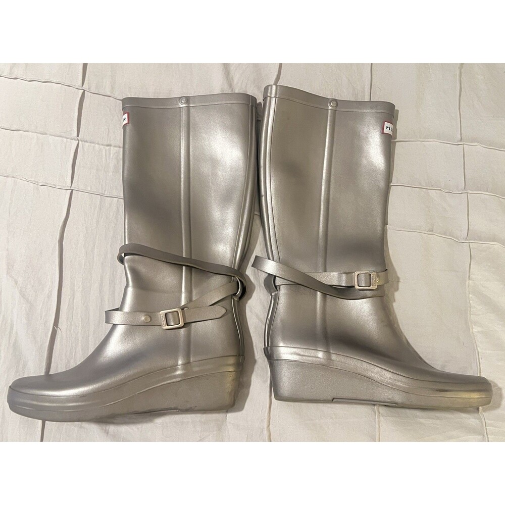 Hunter Andora Pewter Boots Wedge Heel Knee High Waterproof Belt Detail Sz 7